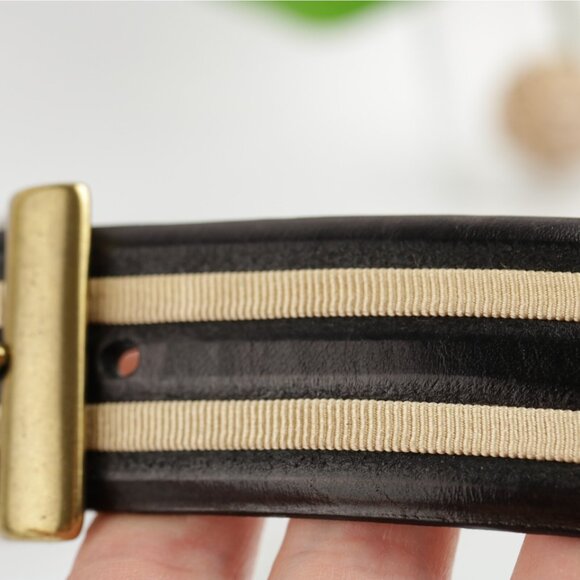 Torino USA Mens Belt Size 44 Black Leather Tan Inlay 1 1/2" Width Brass Buckle - Picture 6 of 16